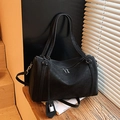 Retro black matte faux leather crossbody bag with dual handles and silver lock detail - Black
