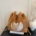 Brown suede tote bag with white faux shearling heart pocket and drawstring closure - Brown