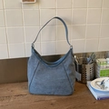 Gray-blue frosted suede hobo bucket bag with leather strap and metal buckle - Blue