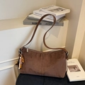 Brown matte suede shoulder bag with long rectangle body and colorful bead tassel charm - Coffee with Pendant