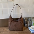 Retro dark brown frosted suede hobo bucket bag with sleek leather trim and silver hardware - Brown