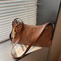 Brown leopard print shoulder bag in suede texture with wooden bead tassel charm - Leopard Print With Charm