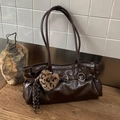 Brown textured leather shoulder bag with metallic buckle and leopard heart pendant charm - Coffee with Pendant
