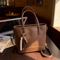 Dark brown retro PU tote bag with beaded pendant and adjustable shoulder strap - Brown