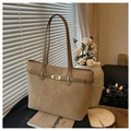 Minimalist light brown tote bag in faux suede with a vintage gold buckle detail - Khaki