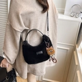 Fuzzy black plush shoulder bag with 'love every day' tag and cute bear charm - Black With Pendant