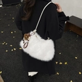 Fuzzy white plush shoulder bag with long faux fur and cute bear charm accessory - With Charm / White