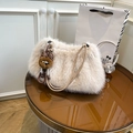 Beige faux fur shoulder bag with slender strap and leopard bow pompom accessory - With Charm / Apricot