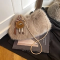 Plush camel faux fur shoulder bag with long strap and cute plush doll charm - With Charm / Khaki
