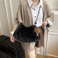 Black faux fur crossbody bag with a cute plush pendant and long leather strap - With Charm / Black