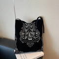 Vintage black suede tote bag with intricate white floral embroidery and shoulder strap - Black