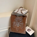 Brown faux suede tote bag with white bohemian embroidery and slim shoulder strap - Brown