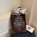 Brown faux suede tote bag with white vintage embroidery and adjustable strap - Coffee