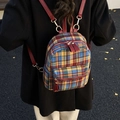 Sac à dos multifonction à carreaux rétro avec motif tweed et bretelles en cuir rouge - Bordeaux