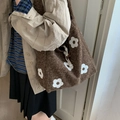 Brown plush tote bag with white flower embroidery and cotton drawstring closure - Brown