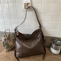 Dark brown high-capacity oil wax leather shoulder tote bag with elegant tassel detail - Brown
