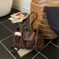 Dark brown suede crossbody bag with white plaid patterns and golden chain decor - Coffee with Pendant