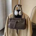 Dark brown retro tote bag in matte synthetic leather with stylish white contrast stitching - Coffee
