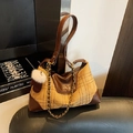 Plaid canvas and brown leather crossbody bag with chain and white plush pompom - Brown with Pendant