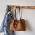 Minimalist caramel brown leather tote bag with shoulder straps and buckle detail - Brown No Pendant