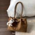 Grand sac cabas vintage marron en similicuir avec bandoulière et pendentif peluche - Marron avec pendentif