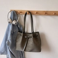 Minimalist large olive green leather tote bag hanging with stylish casual accessories - Green Without Pendant
