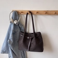 Vintage dark coffee tote bag in matte faux leather with elegant decorative belt buckle - Coffee No Charm