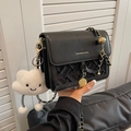Chic black woven texture crossbody bag with gold chain and cute white cloud charm - Black with Pendant