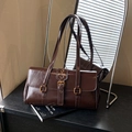 Deep coffee brown glossy leather baguette bag with vintage buckles and twin straps - Brown