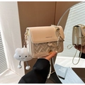 Chic cream woven shoulder bag for women with gold chain strap and plush cloud charm - Beige With Charm