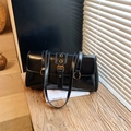 Retro black glossy leather baguette shoulder bag with buckle detail and double straps - Black
