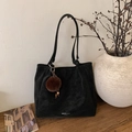 Large black suede tote bag with brown pompom charm and thin shoulder straps - Black with Pendant