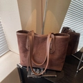 Brown contrast large tote bag in faux suede and smooth leather for daily fashion - Brown