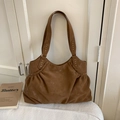 Brown faux suede large shoulder bag with silver rivet studs and a vintage tote design - Brown