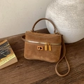 Sac à main boîte en daim marron avec poignée unique et fermoir doré tournant - Sans Pendentif / Marron Jaune