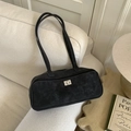 Bolso de hombro de gamuza negra minimalista con cierre de giro plateado y dos asas - Sin colgante / Negro