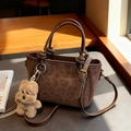 Chic brown leopard print handbag with plush dog charm and crossbody strap accessory - Coffee with Pendant