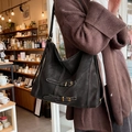 Retro schwarze Tragetasche aus Leder mit weißen Kontrastnähten und Goldschnallen - Schwarz