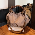 Retro khaki canvas tote bag with large capacity and dark brown wooden round handles - Khaki