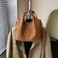 Minimalist caramel brown matte leather tote bag with top handles and adjustable strap - Brown No Pendant