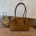 Borsa tote vintage minimalista in pelle scamosciata marrone con manici in pelle - Marrone