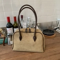 Borsa tote retrò in pelle scamosciata kaki con manici in pelle marrone e zip - Cachi