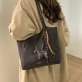 Dark coffee large tote bag with horse charm and woven lanyard worn by model - Coffee with Pendant