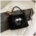 Black tote bag with cartoon cat embroidery, chain strap and brown bear charm - Black with Pendant