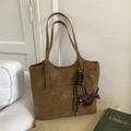 Brown faux leather tote bag with vintage texture and dog charm hanging on side - Brown with Pendant