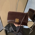Vintage dark brown crossbody bag with flap suede texture and gold square buckle - Matte Coffee