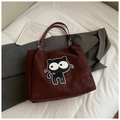 Sac cabas rétro rouge foncé avec broderie chat noir et surpiqûres blanches - Rouge Vin Sans Pendentif