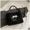 Sac fourre-tout en daim noir avec broderie chat et bandoulière en chaîne argentée - Noir sans Pendentif