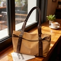 Vintage khaki large capacity tote bag with adjustable brown strap and retro buckle - Khaki