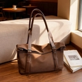 Minimalist deep brown large capacity tote bag with adjustable straps and silver buckles - Coffee